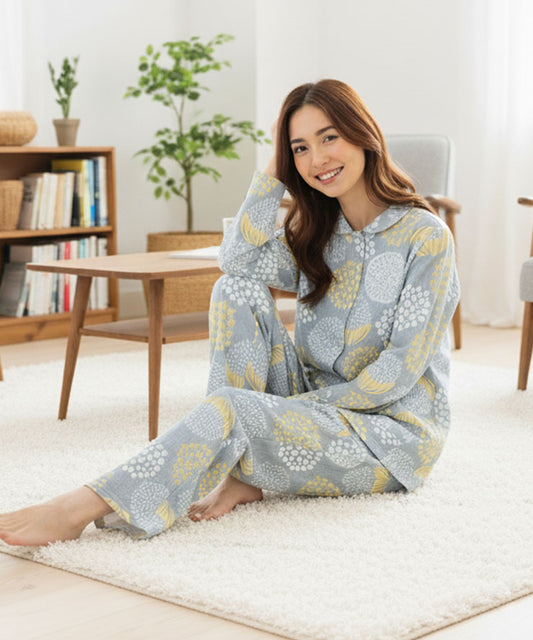 レディース パジャマ 綿100% キルトニット 長袖 前開き 冬 あったか 上下セット f00301