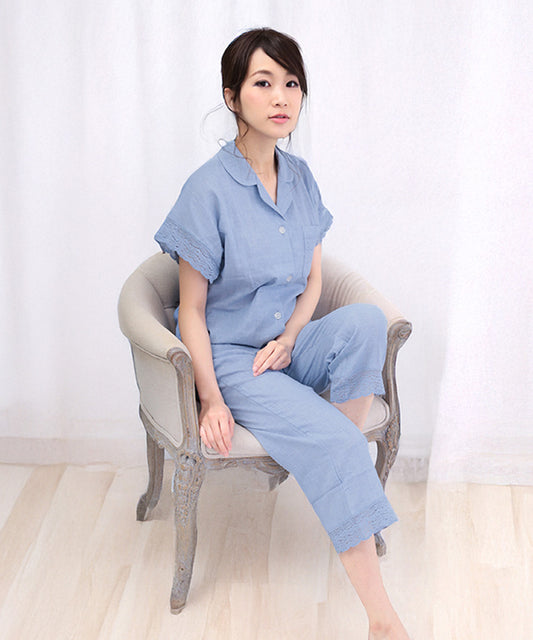 レディース パジャマ 半袖 綿100% 前開き 夏 ダブルガーゼ 2重ガーゼ f00366