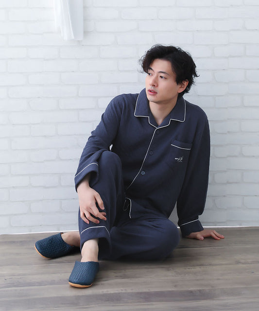 メンズ 前開き パジャマ 長袖 冬 [綿100%キルトニット] f00300