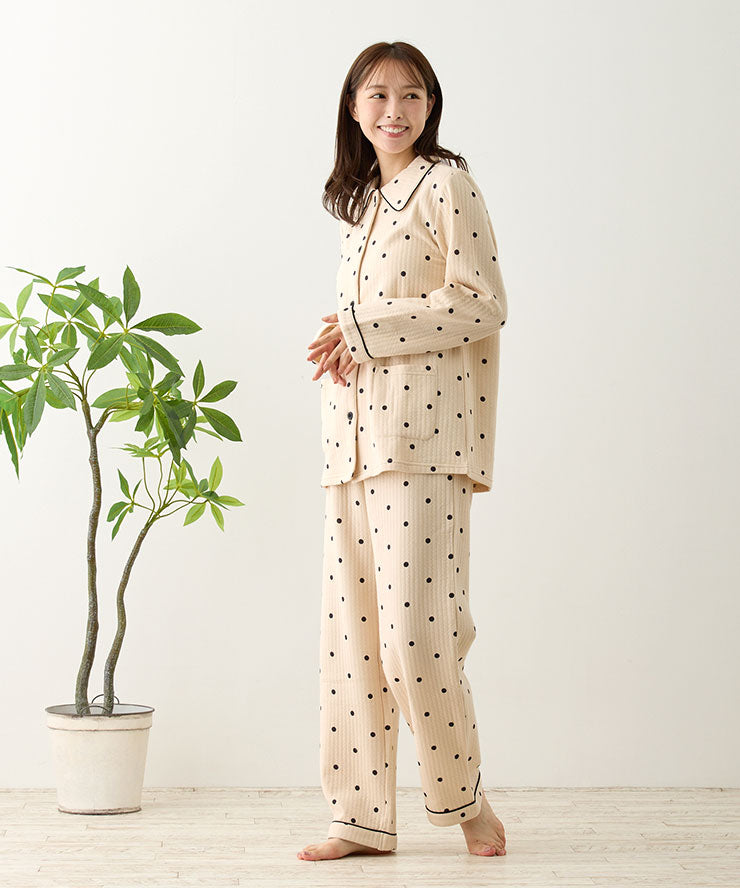 パジャマ レディース 冬 綿100% キルトニット 長袖 前開き 冬用 あったか 上下セット f00301