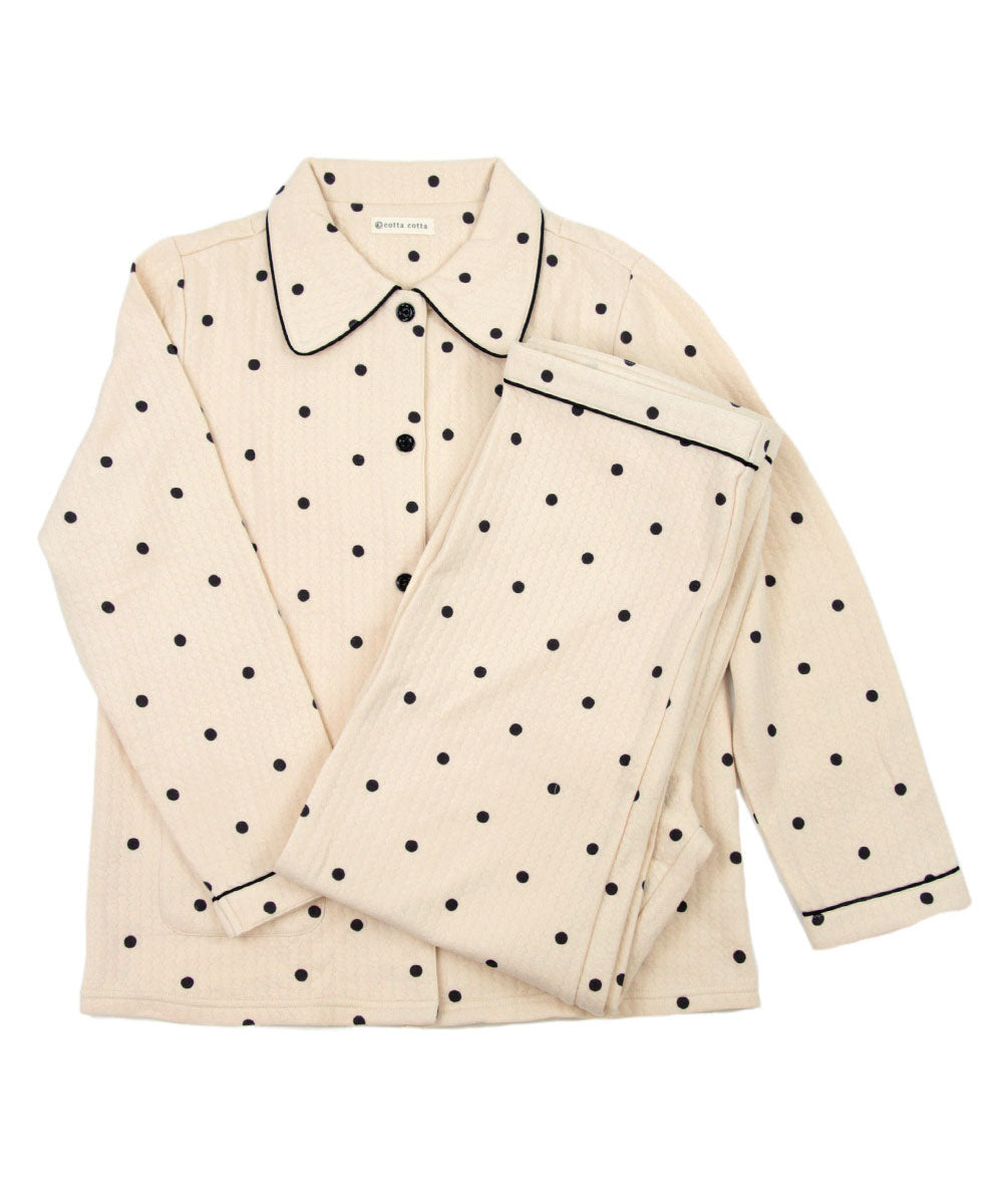 パジャマ レディース 冬 綿100% キルトニット 長袖 前開き 冬用 あったか 上下セット f00301