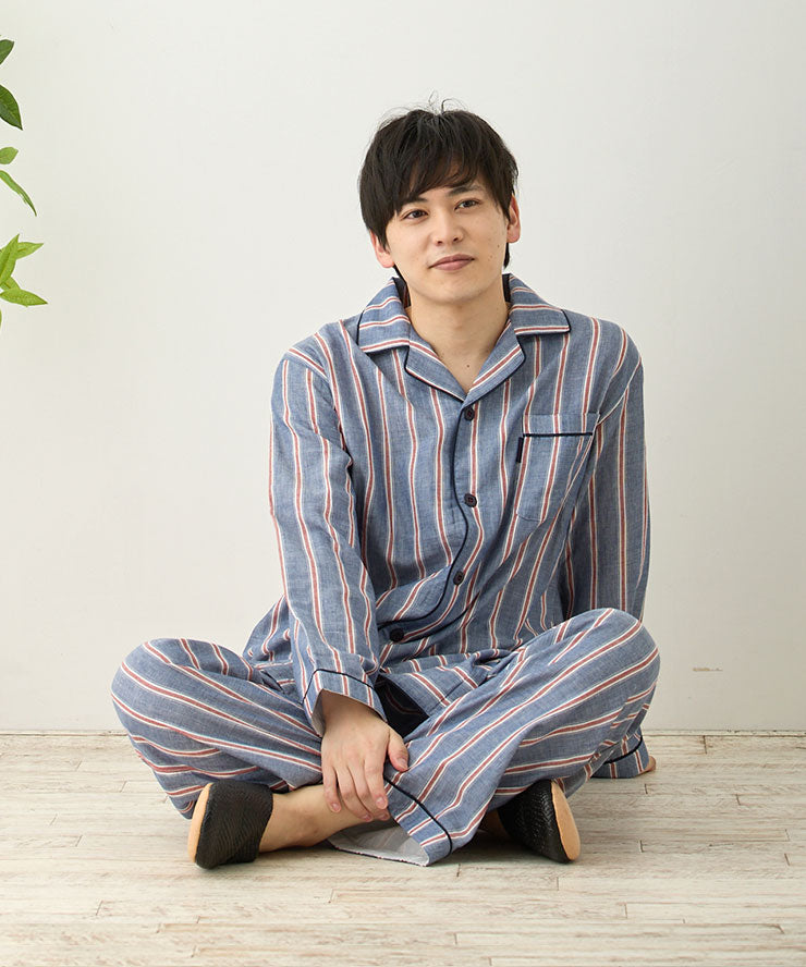 パジャマ メンズ 綿 長袖 前開き M L XL 男性 綿100% ダブルガーゼ 春 