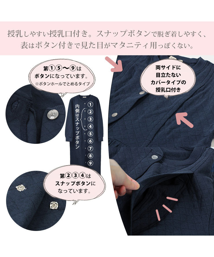 授乳しやすい授乳口付き。スナップボタンで脱ぎやすく、表はボタン付き。